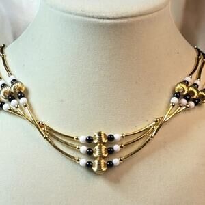 Black, White & Gold Beaded Multi Strand Collar Necklace Old World Glam